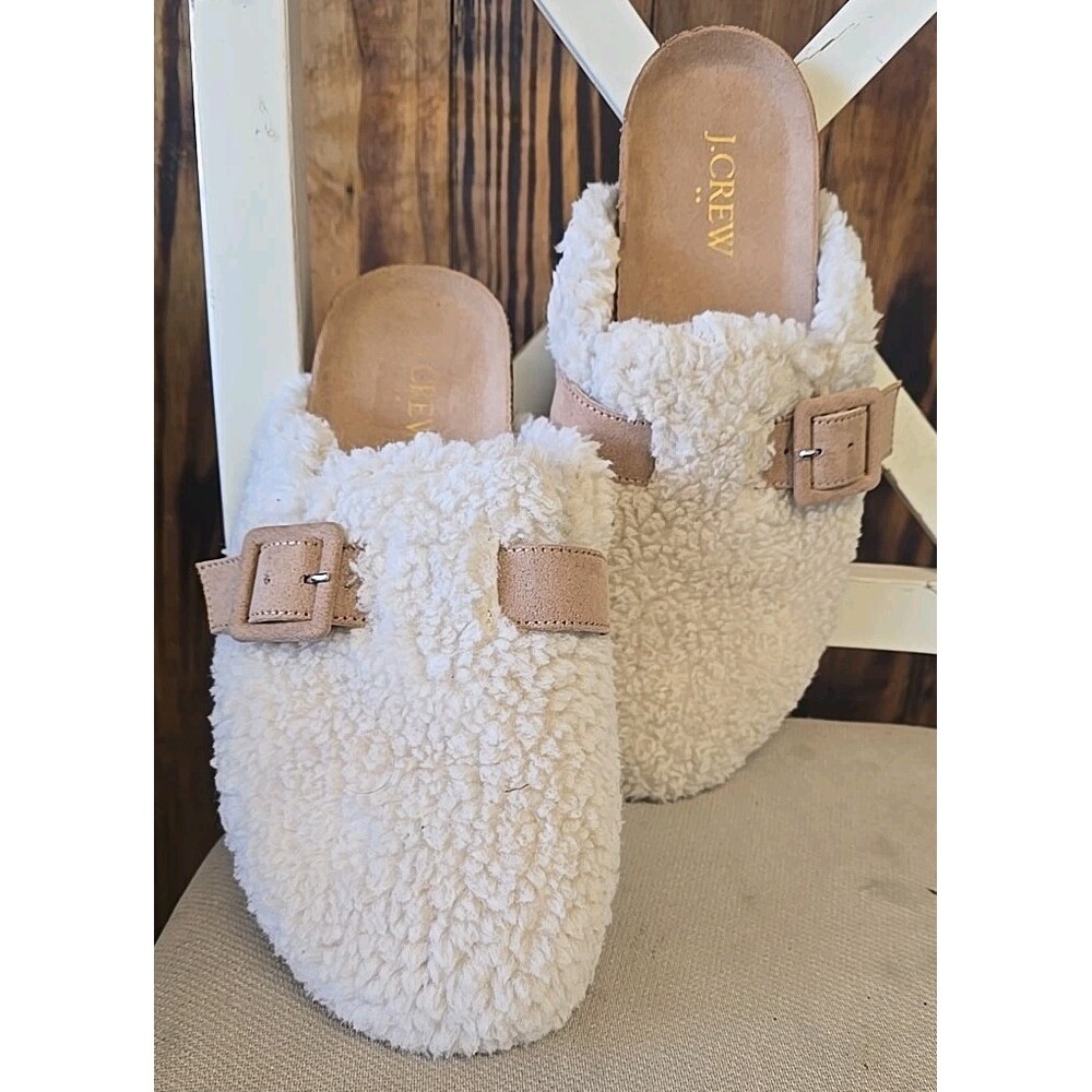 J.Crew Sherpa Buckle Clog Slippers Tan White Suede, Women's Size 8